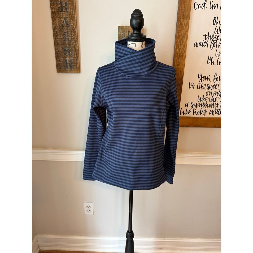 Columbia Womens Striped Fleece-Lined Turtleneck Pullover Sweater Navy Blue Small